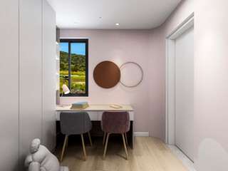 3D rendering ,The elegant and spacious bedroom design of the modern apartment has a coat cabinet beside the big bed, as well as a bucket cabinet and green plants.