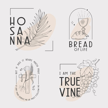 Christian easter and holly week line illusrtration set with Jesus Christ sayings. Can be used as inspiring christian interior prints or social media templates.