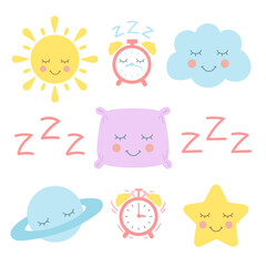 Night time flat icons set isolated vector. Sleep clipart