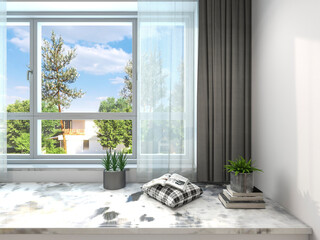 3D rendering ,The elegant and spacious bedroom design of the modern apartment has a coat cabinet beside the big bed, as well as a bucket cabinet and green plants.