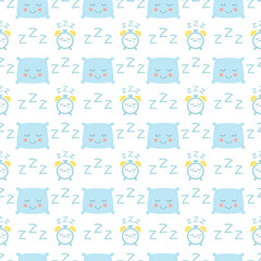 Bedtime seamless vector pattern. Sleeping pillow and clock zzz for baby boy design.