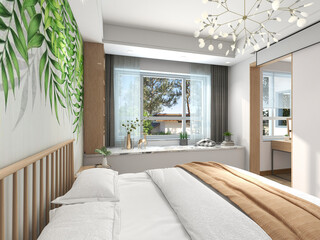 Fototapeta na wymiar 3D rendering ,The elegant and spacious bedroom design of the modern apartment has a coat cabinet beside the big bed, as well as a bucket cabinet and green plants.