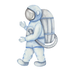Watercolor illustration of hand painted spaceman in space costume in grey and blue colors. Walking cosmonaut. Isolated clip art Astronaut for prints, posters. International Day of Human Space Flight