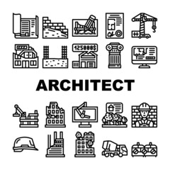 Architect Professional Occupation Icons Set Vector. Architect Pencil For Create Plan Blueprint And Computer Software, Documentation And Helmet, Truck And Crane For Building Black Contour Illustrations