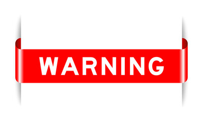 Red color inserted label banner with word warning on white background