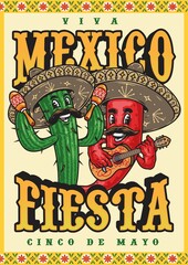 Obraz premium Poster with singing cactus and chili pepper