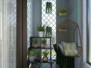 3D rendering, spacious and bright urban residential closed balcony design, green plants with wooden tables and chairs are leisure and comfortable