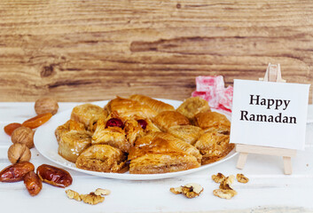 Traditional Turkish Dessert Baklava with Walnuts and Happy Ramadan Message .Turkish Delight