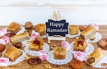 Traditional Turkish Dessert Baklava with Walnuts and Happy Ramadan Message .Turkish Delight