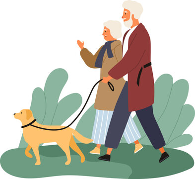 Elderly Couple Walking with Dog Illustration