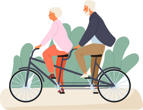 Active Grandparents Riding Tandem Bike Illustration