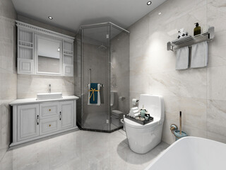 3D rendering,Clean modern residential bathroom and toilet design, which is equipped with washstand, toilet and shower equipment, etc.