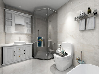 3D rendering,Clean modern residential bathroom and toilet design, which is equipped with washstand, toilet and shower equipment, etc.