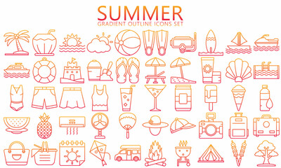 Summer and Holidays gradient outline Icons set. simple concept symbol of tourism, travel recreation, beach and season. Used for web, UI, UX kit and applications, vector EPS 10 ready convert to SVG.