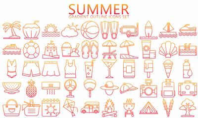Summer and Holidays gradient outline Icons set. simple concept symbol of tourism, travel recreation, beach and season. Used for web, UI, UX kit and applications, vector EPS 10 ready convert to SVG.