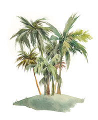 Watercolor palm trees island. Oasis illustration isolated on white background