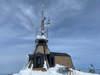 An old meteorological station or old weather station on the alpine peak of Säntis in the Alpstein...