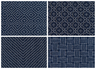 Collage of hand embroidery of four geometric patterns with white threads on blue fabric in the...