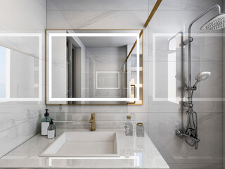 3D rendering,Clean modern residential bathroom and toilet design, which is equipped with washstand, toilet and shower equipment, etc.