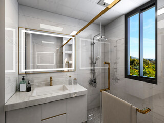 3D rendering,Clean modern residential bathroom and toilet design, which is equipped with washstand, toilet and shower equipment, etc.