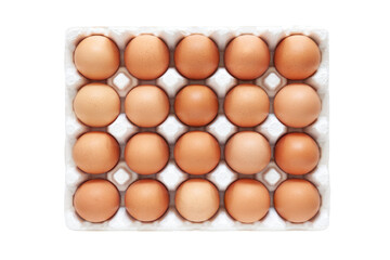 Many fresh raw chicken eggs in cartons as background, top view.	