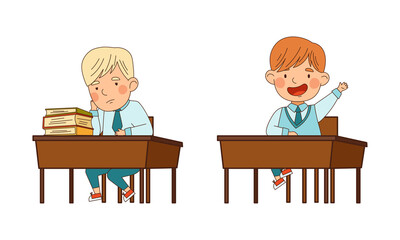 Cute schoolkids in blue uniform sitting at desks. Happy elementary school students studying at school cartoon vector illustration