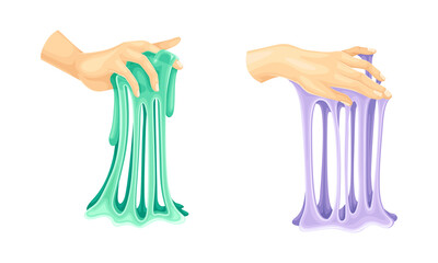 Childish hands playing slimes, bright liquid hand gum cartoon vector illustration