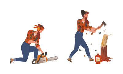 Lumberjack cutting and sawing trees set. Logging industry worker with working tools cartoon vector illustration