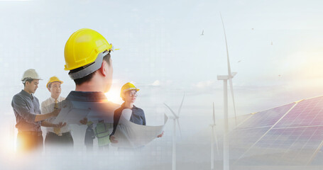 Team of Engineer people using blueprint and working in wind turbine with double exposure. Concept teamwork. - 493246274