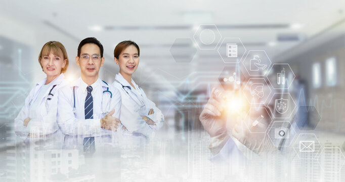 Double exposure group of happy smart doctor and nurse in hospital with interface data background, Healthcare and medical concept.