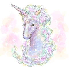 Fototapeta premium 虹色のユニコーンの水彩画イラスト 