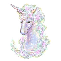 パステルカラーのユニコーンの水彩画イラスト
