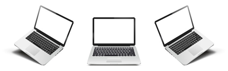Perspective, top and front laptop view with blank screen