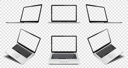 Laptop with transparent screen on transparent background. Perspective, top and front laptop view with transparent screen.