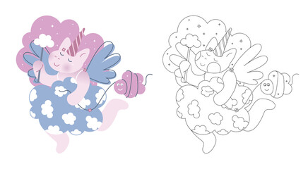 Coloring page with the fairy unicorn. Cartoon fantasy creature. Cute line art design for nursery poster, print, kids apparel. Vector illustration. Isolated.