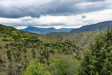 Obraz premium Views of the mountains of Dagestan near the village of Gamsutl. Russia June 2021