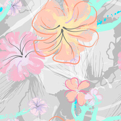 Pink Flowers Blooming Pattern. Pastel Watercolor.