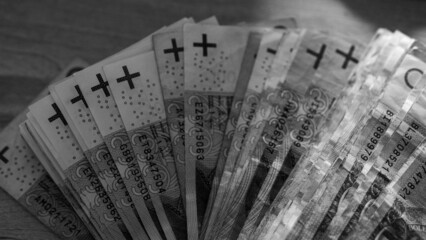 Polish banknotes. Money PLN in black and white.  - obrazy, fototapety, plakaty