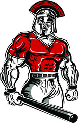 muscular spartan mascot holding a baseball bat for school, college or league