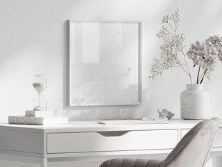 Square frame mockup in minimalist modern white office interior, poster mockup, 3d render