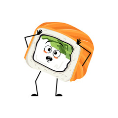Obraz premium Sushi character with emotions in panic grabs his head, surprised face, shocked eyes, arms and legs. Person with scared expression, asian food emoticon. Vector flat illustration