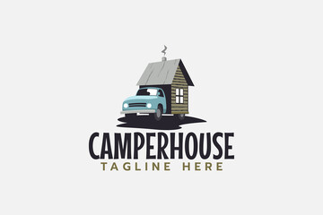 camper house logo with a truck and a tiny house in the back. - obrazy, fototapety, plakaty