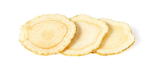 Close up of ginseng slices isolated on white background.