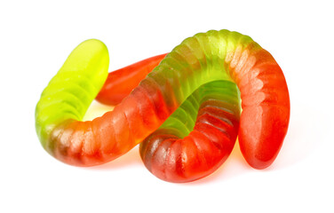 Colorful gummy worm candies isolated on the white background.