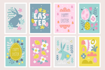 Easter cards with bunny, flowers, eggs, leaves, clouds, abstract shapes