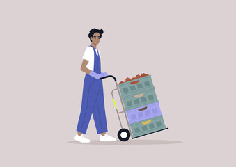 A young character in a denim overall pushing a cargo cart with vegetable and fruit crates stacked  on it