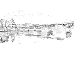 Bridge of Arts. Institute of France. Paris, France. Seine. Urban sketch. Hand drawn vector illustration