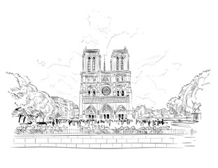 The Cathedral of Notre Dame de Paris. Seine. Paris, France. Urban sketch. Hand drawn vector illustration - 493250825