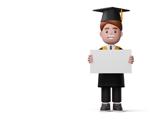 Happy graduation boy hold book and diploma, 3d rendering