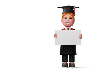 Happy graduation boy hold book and diploma, 3d rendering